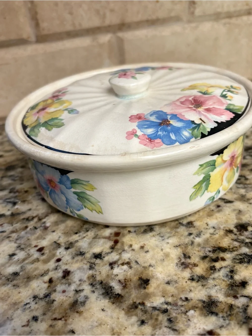 White Ceramic Covered Casserole with Pink, Blue and Yellow Floral Design